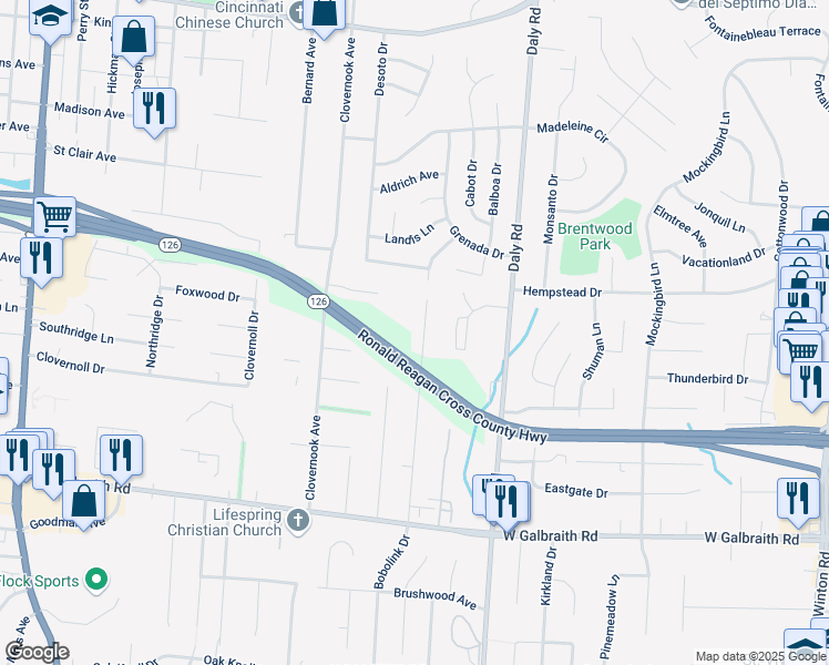 map of restaurants, bars, coffee shops, grocery stores, and more near 8509 Bobolink Avenue in Cincinnati