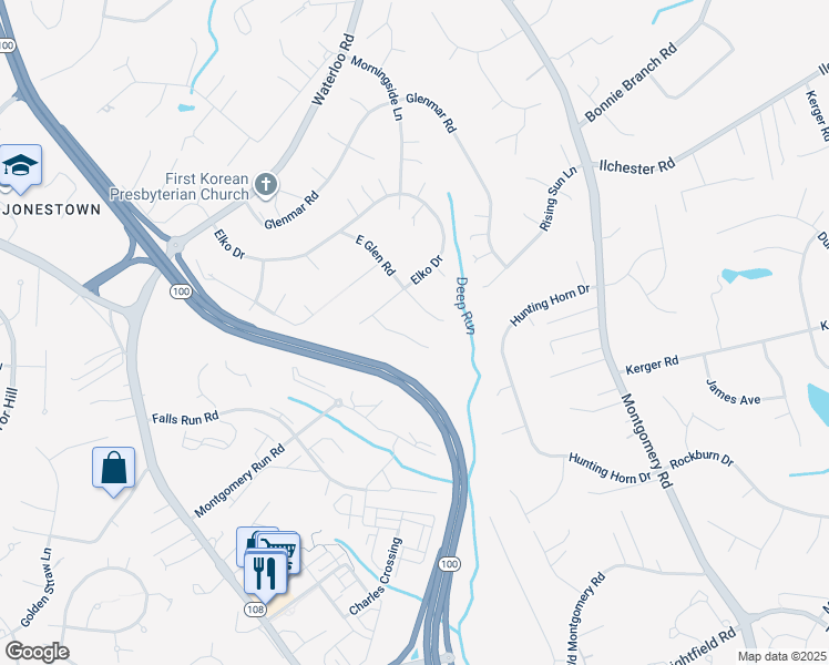 map of restaurants, bars, coffee shops, grocery stores, and more near 8117 High Meadow Court in Ellicott City