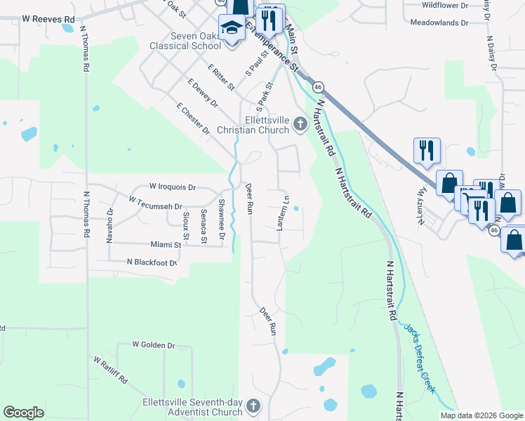 map of restaurants, bars, coffee shops, grocery stores, and more near 634 Militia Court in Ellettsville