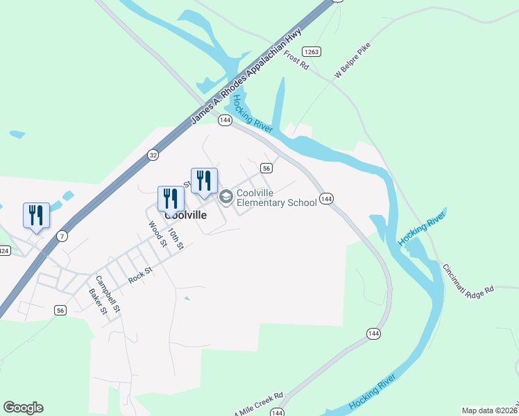 map of restaurants, bars, coffee shops, grocery stores, and more near 26461 Rock Street in Coolville