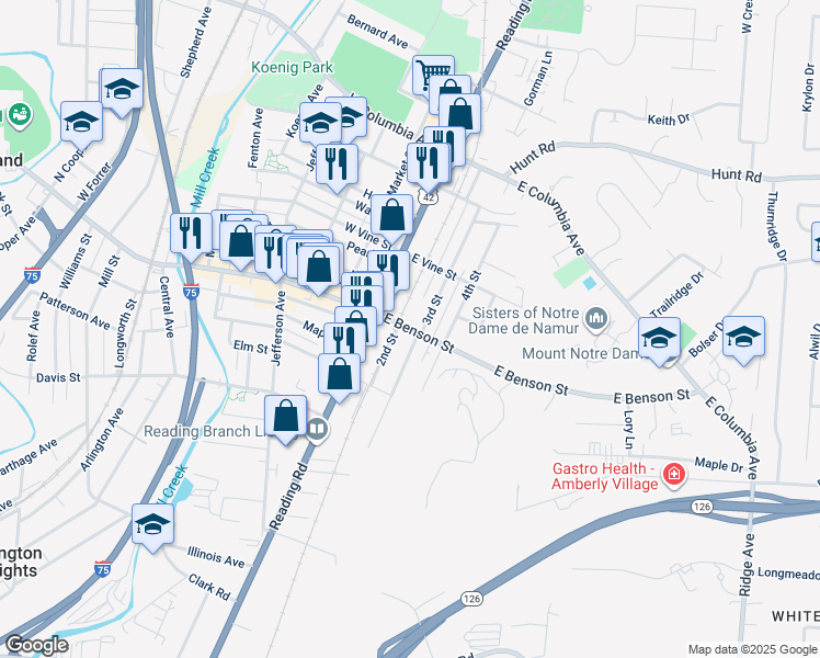 map of restaurants, bars, coffee shops, grocery stores, and more near 120 East Benson Street in Cincinnati