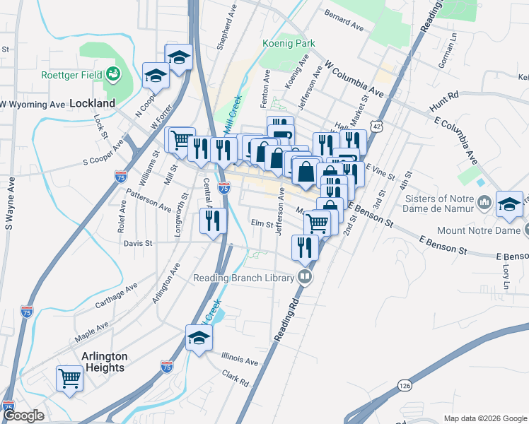 map of restaurants, bars, coffee shops, grocery stores, and more near 311 Bradley Avenue in Cincinnati