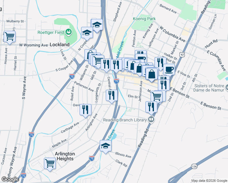 map of restaurants, bars, coffee shops, grocery stores, and more near 511 Patterson Avenue in Lockland