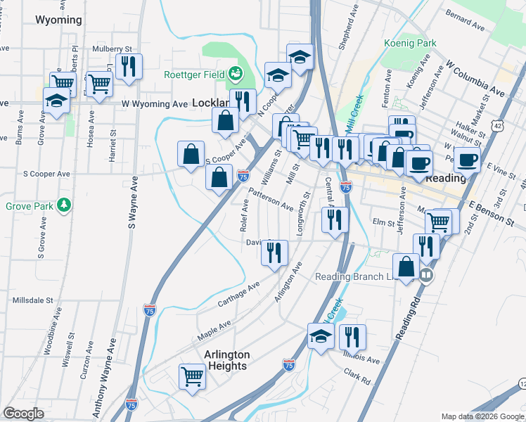 map of restaurants, bars, coffee shops, grocery stores, and more near 326 Williams Street in Cincinnati