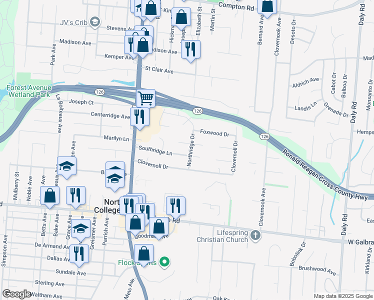 map of restaurants, bars, coffee shops, grocery stores, and more near 1500 Southridge Lane in Cincinnati