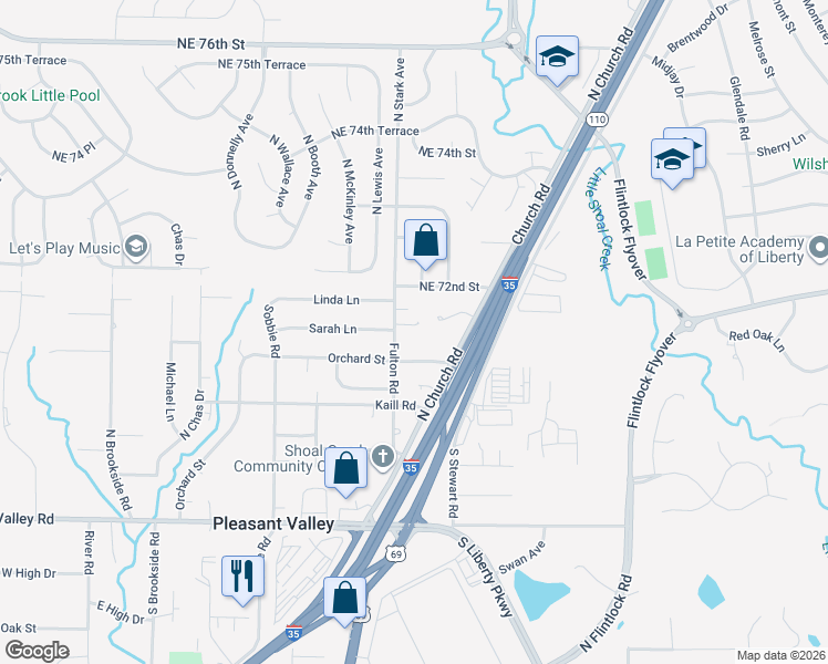 map of restaurants, bars, coffee shops, grocery stores, and more near 7103 Fulton Road in Pleasant Valley