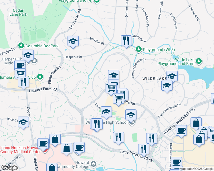 map of restaurants, bars, coffee shops, grocery stores, and more near 10519 Tolling Clock Way in Columbia