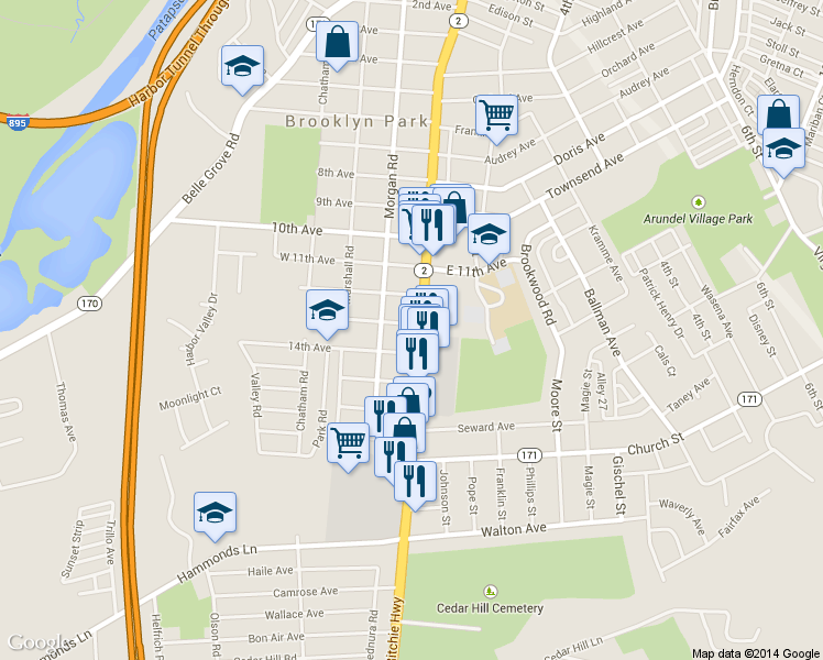 map of restaurants, bars, coffee shops, grocery stores, and more near 5300 Ritchie Highway in Baltimore