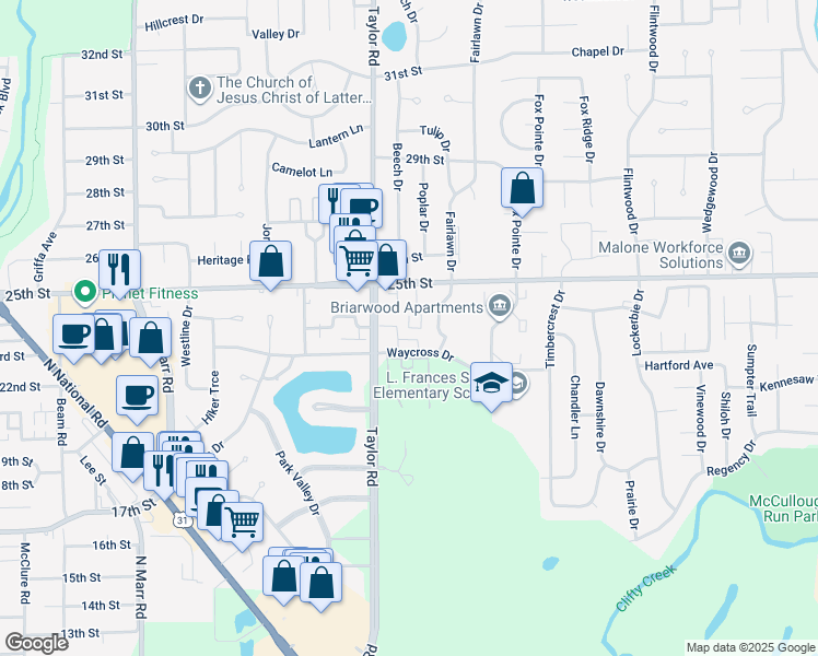 map of restaurants, bars, coffee shops, grocery stores, and more near 2620 Charleston Place in Columbus