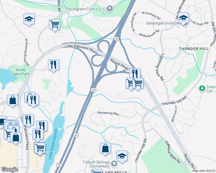 map of restaurants, bars, coffee shops, grocery stores, and more near 5425 Twin Knolls Road in Columbia