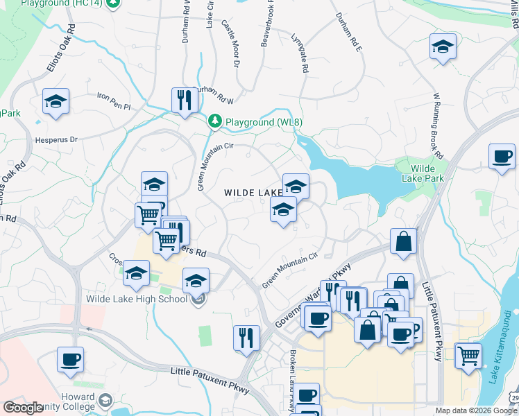 map of restaurants, bars, coffee shops, grocery stores, and more near 10538 William Tell Lane in Columbia