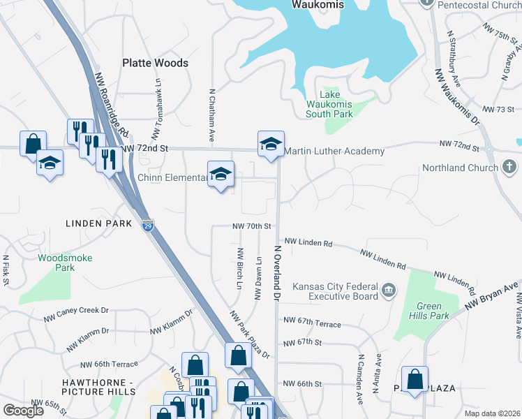 map of restaurants, bars, coffee shops, grocery stores, and more near 5222 Northwest 70th Place in Kansas City