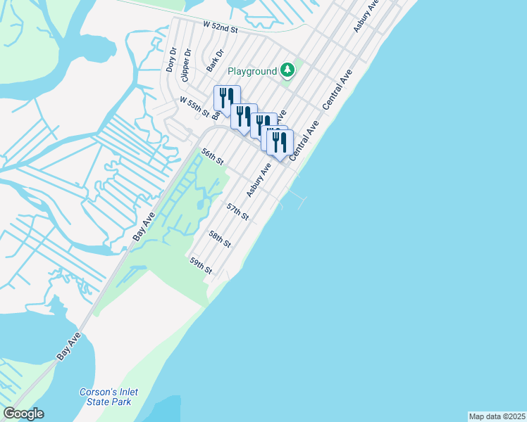 map of restaurants, bars, coffee shops, grocery stores, and more near 2nd Street in Ocean City