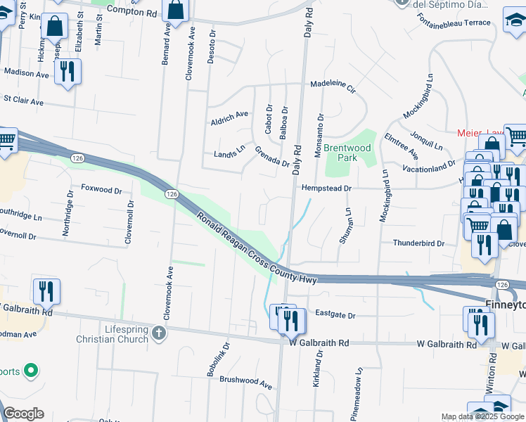 map of restaurants, bars, coffee shops, grocery stores, and more near 8508 Bobolink Avenue in Cincinnati