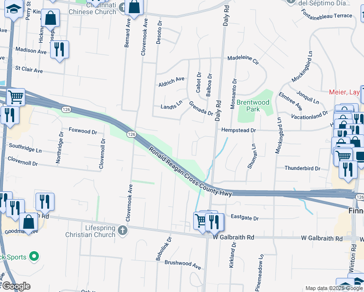 map of restaurants, bars, coffee shops, grocery stores, and more near 8509 Bobolink Avenue in Cincinnati