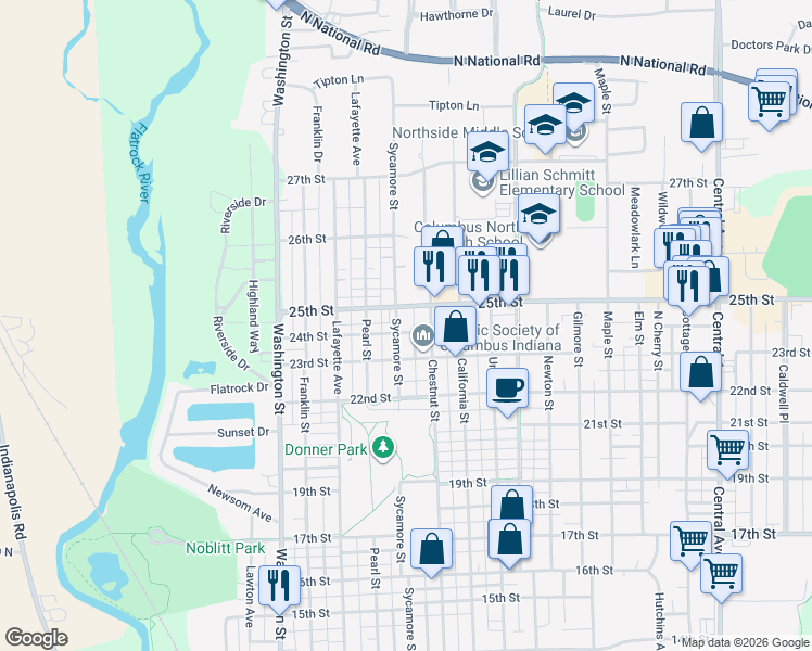 map of restaurants, bars, coffee shops, grocery stores, and more near 732 24th Street in Columbus