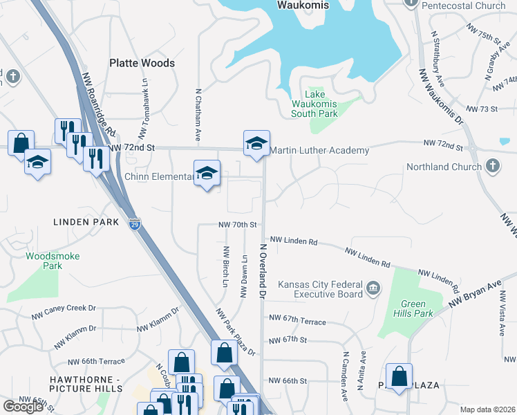 map of restaurants, bars, coffee shops, grocery stores, and more near 5222 Northwest 70th Place in Kansas City
