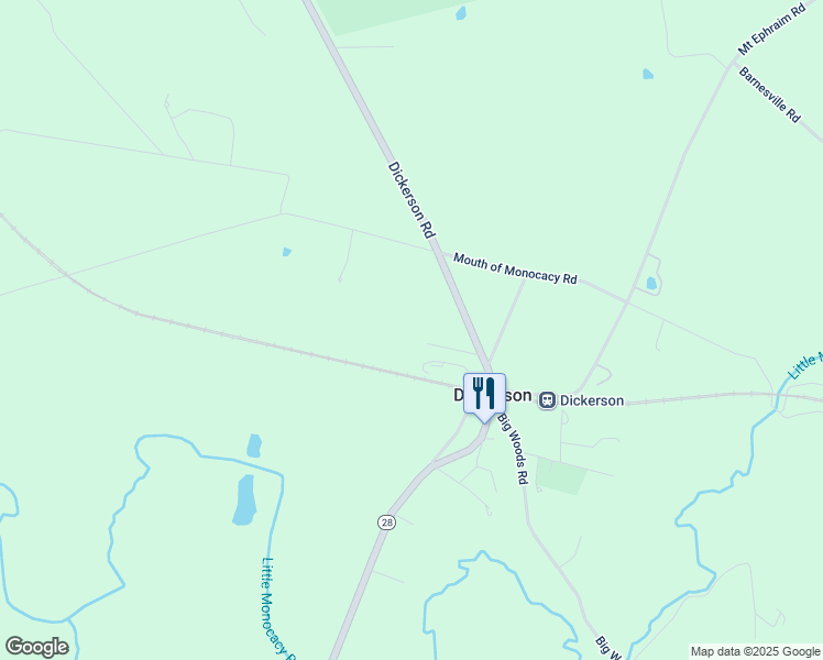 map of restaurants, bars, coffee shops, grocery stores, and more near 22300 Dickerson Road in Dickerson