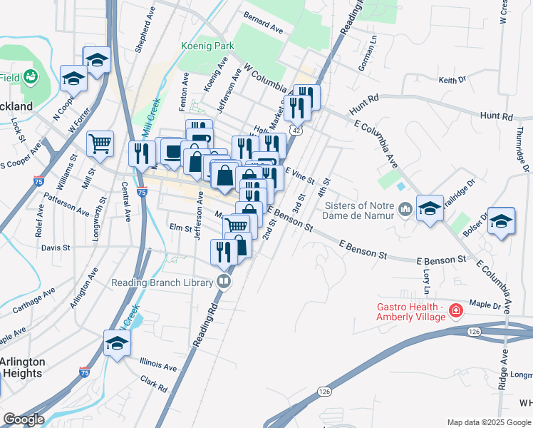 map of restaurants, bars, coffee shops, grocery stores, and more near 8846 Reading Road in Cincinnati