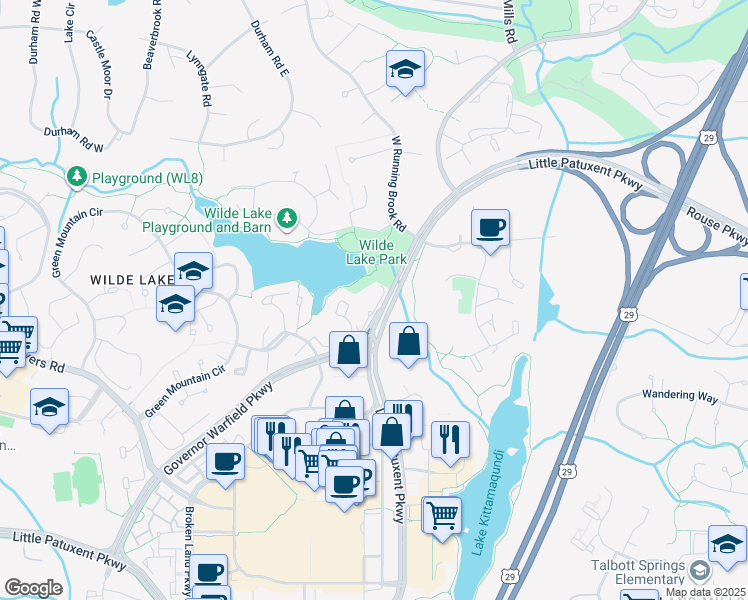 map of restaurants, bars, coffee shops, grocery stores, and more near 10001 Windstream Drive in Columbia