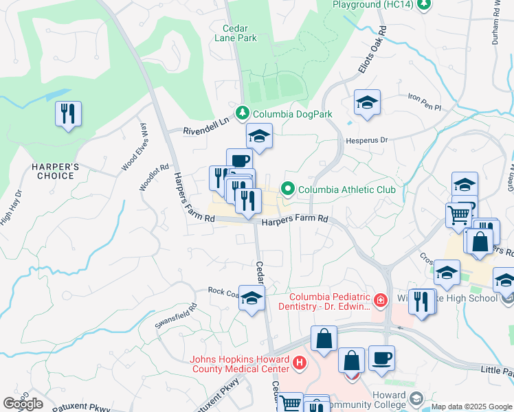 map of restaurants, bars, coffee shops, grocery stores, and more near 5440 Old Tucker Row in Columbia