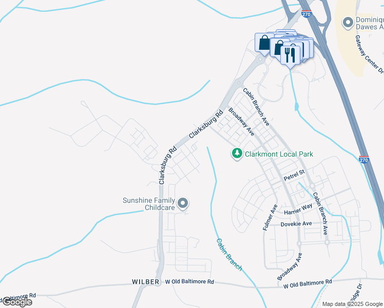 map of restaurants, bars, coffee shops, grocery stores, and more near 14134 Dunlin St in Clarksburg