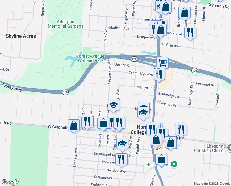 map of restaurants, bars, coffee shops, grocery stores, and more near 7032 La Boiteaux Avenue in North College Hill