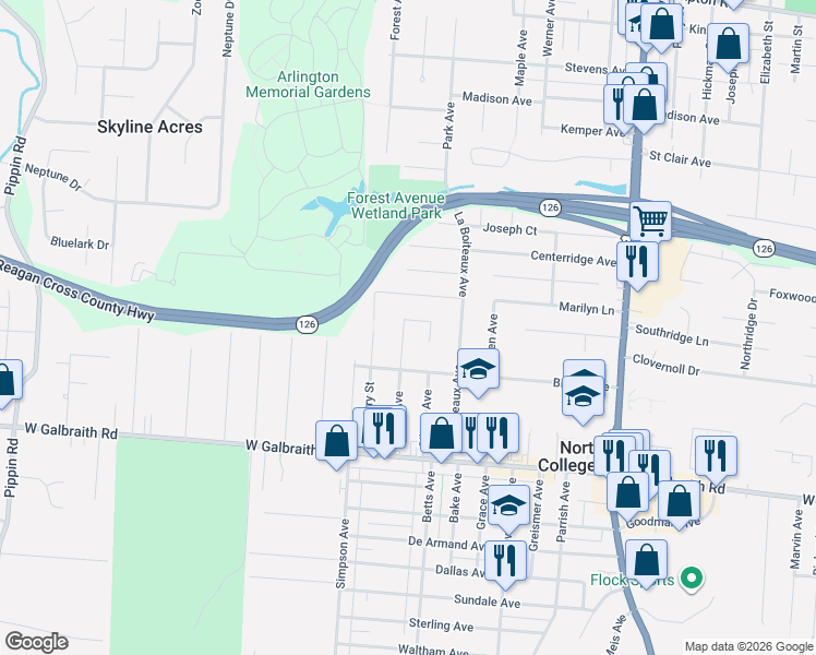 map of restaurants, bars, coffee shops, grocery stores, and more near 7017 Noble Court in North College Hill