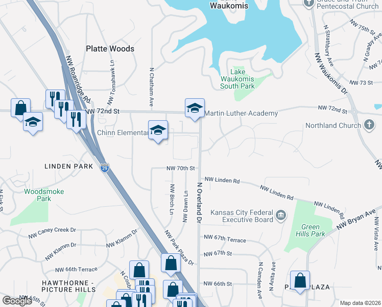 map of restaurants, bars, coffee shops, grocery stores, and more near 5222 Northwest 70th Place in Kansas City