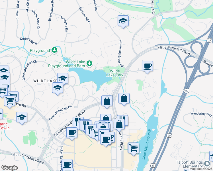 map of restaurants, bars, coffee shops, grocery stores, and more near 10085 Windstream Drive in Columbia