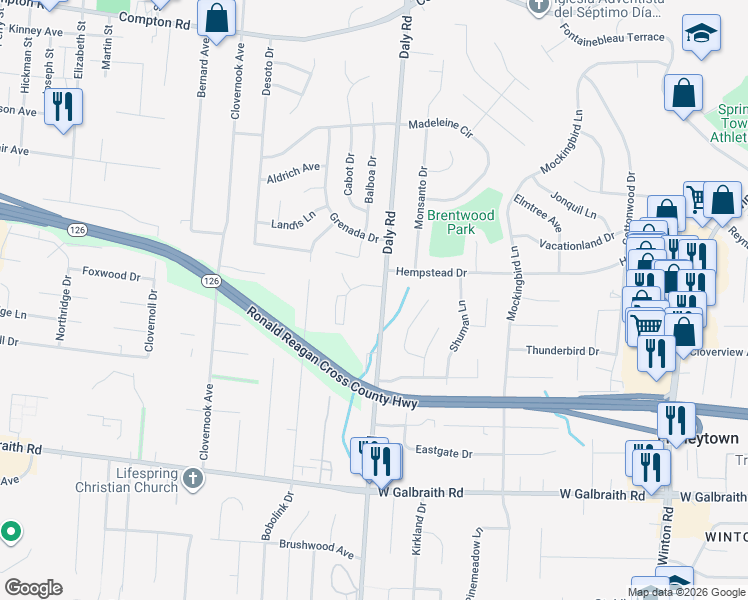 map of restaurants, bars, coffee shops, grocery stores, and more near 8531 Daly Road in Cincinnati
