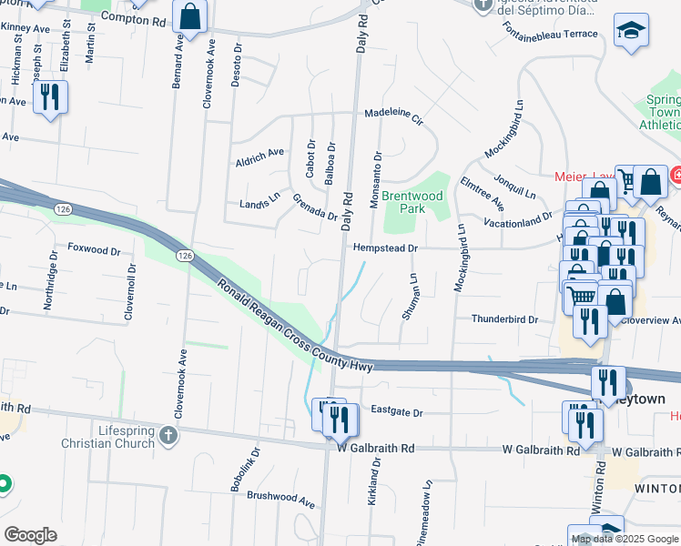 map of restaurants, bars, coffee shops, grocery stores, and more near 8531 Daly Road in Cincinnati