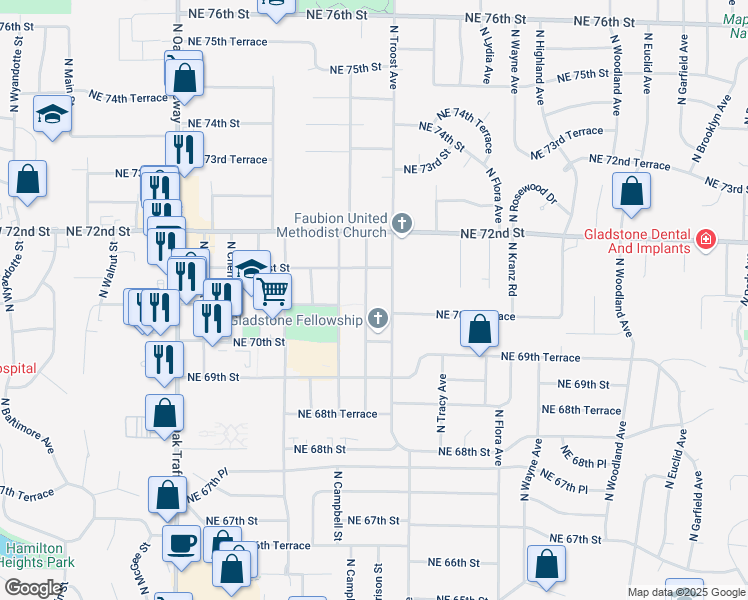 map of restaurants, bars, coffee shops, grocery stores, and more near 7029 North Harrison Street in Kansas City