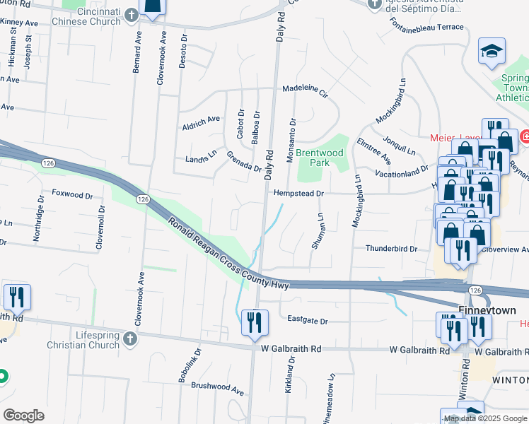 map of restaurants, bars, coffee shops, grocery stores, and more near 8531 Daly Road in Cincinnati