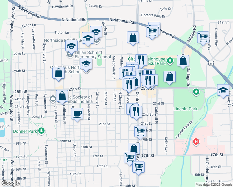 map of restaurants, bars, coffee shops, grocery stores, and more near 2325 North Cherry Street in Columbus