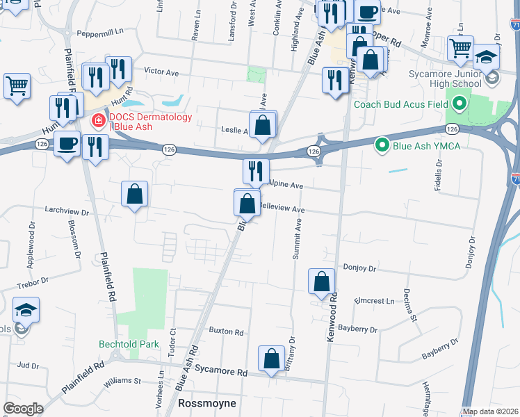 map of restaurants, bars, coffee shops, grocery stores, and more near 9001 Cherry Street in Cincinnati