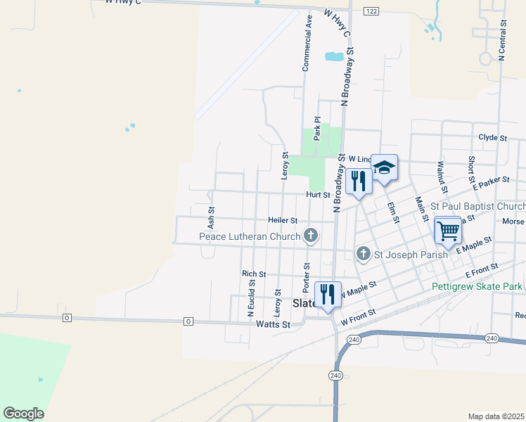 map of restaurants, bars, coffee shops, grocery stores, and more near 753-799 Heiler Street in Slater