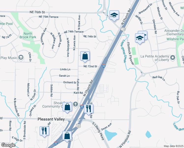 map of restaurants, bars, coffee shops, grocery stores, and more near 8807 Timber Creek Lane in Pleasant Valley