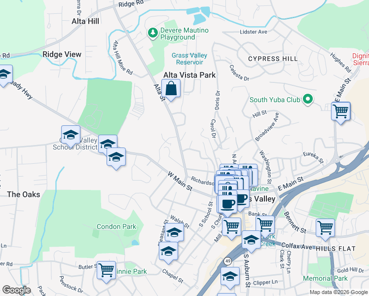 map of restaurants, bars, coffee shops, grocery stores, and more near 323 Alta Street in Grass Valley