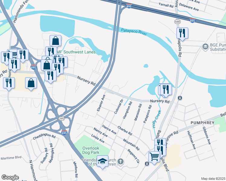 map of restaurants, bars, coffee shops, grocery stores, and more near 308 Nursery Road in Linthicum Heights