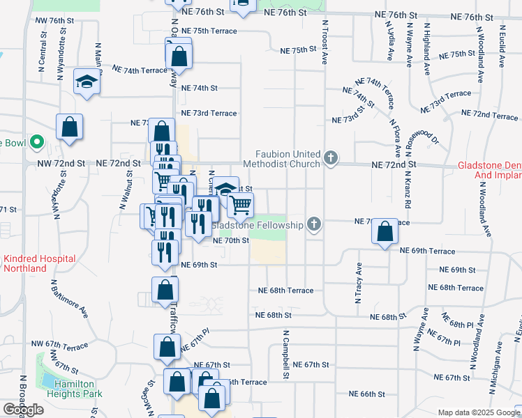 map of restaurants, bars, coffee shops, grocery stores, and more near 708 Northeast 70th Terrace in Gladstone