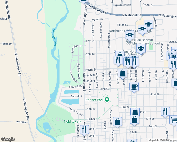 map of restaurants, bars, coffee shops, grocery stores, and more near 2415 Washington Street in Columbus