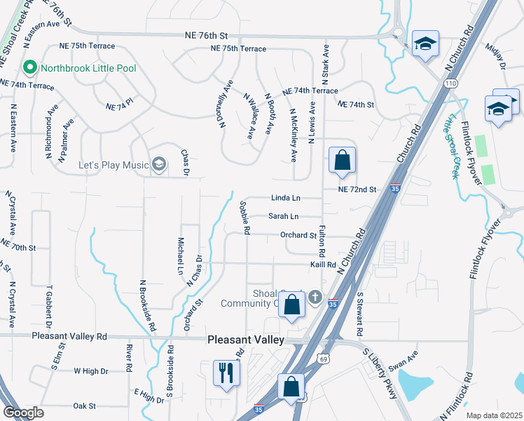 map of restaurants, bars, coffee shops, grocery stores, and more near 7107 Sobbie Road in Pleasant Valley