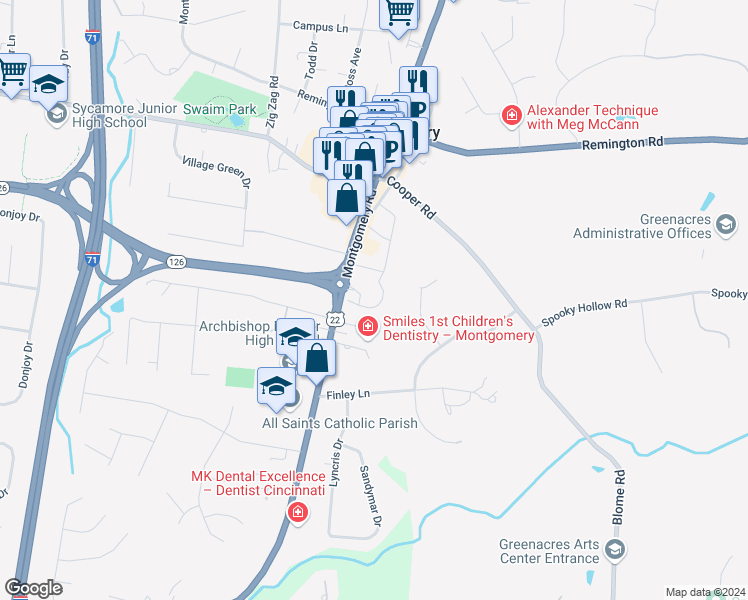 map of restaurants, bars, coffee shops, grocery stores, and more near 9200 Montgomery Road in Montgomery