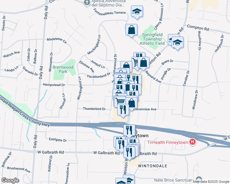 map of restaurants, bars, coffee shops, grocery stores, and more near 8497 Cottonwood Drive in Cincinnati