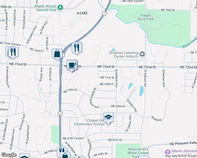 map of restaurants, bars, coffee shops, grocery stores, and more near 3108 Northeast 70th Place in Kansas City