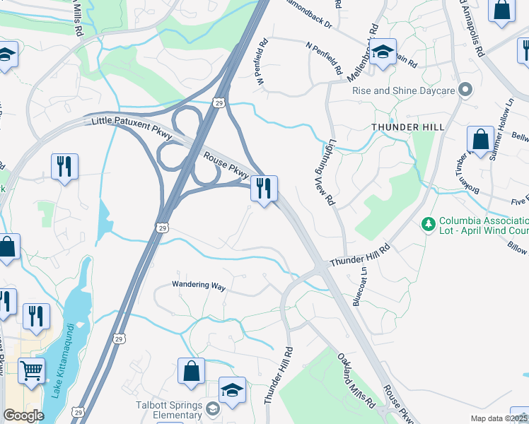 map of restaurants, bars, coffee shops, grocery stores, and more near 5485 Twin Knolls Road in Columbia