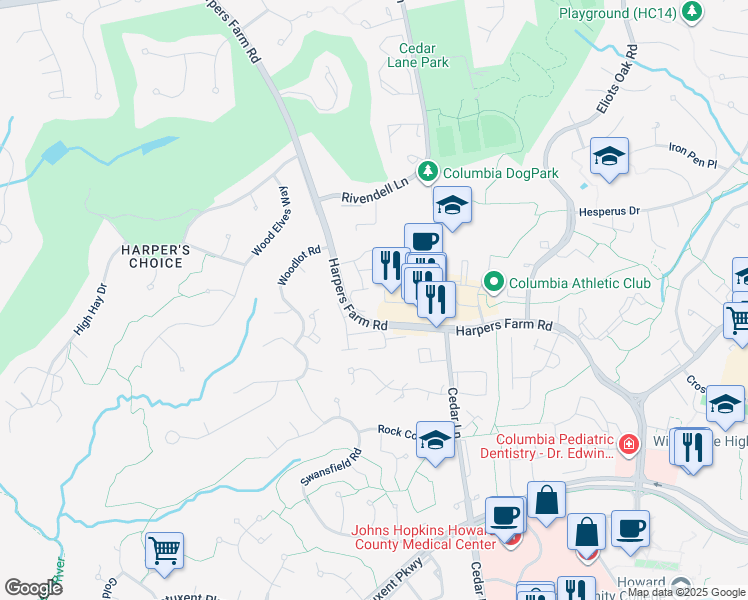 map of restaurants, bars, coffee shops, grocery stores, and more near 5457 El Camino in Columbia