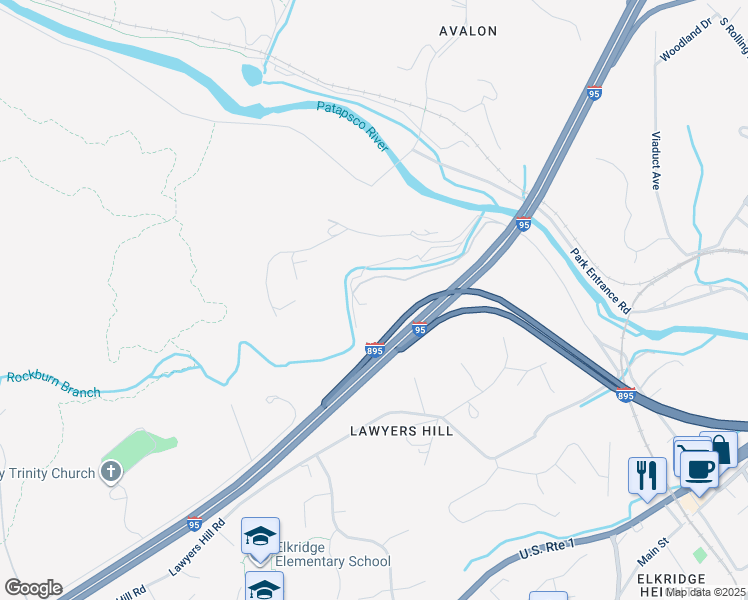 map of restaurants, bars, coffee shops, grocery stores, and more near 6159 River Road in Elkridge