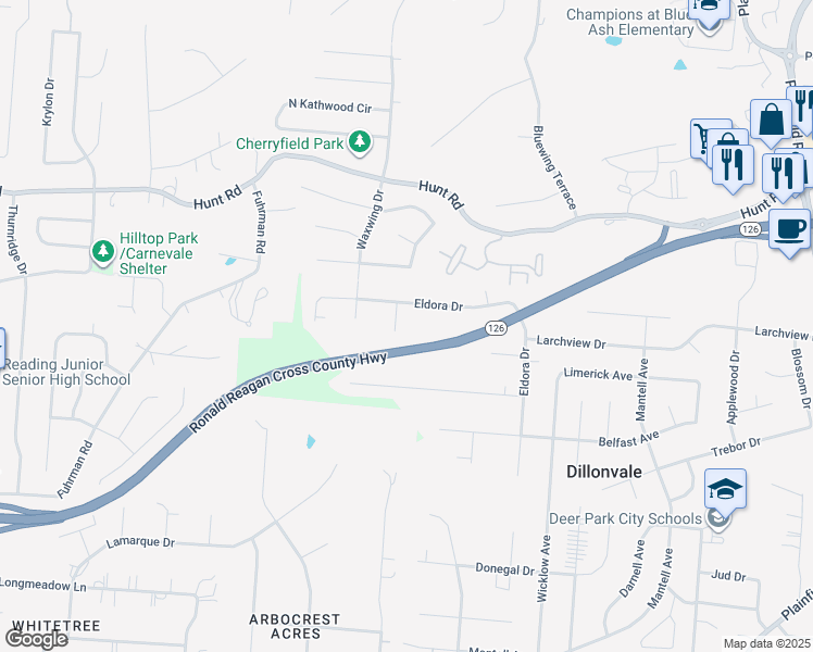 map of restaurants, bars, coffee shops, grocery stores, and more near 8970 Sedgewick Drive in Cincinnati